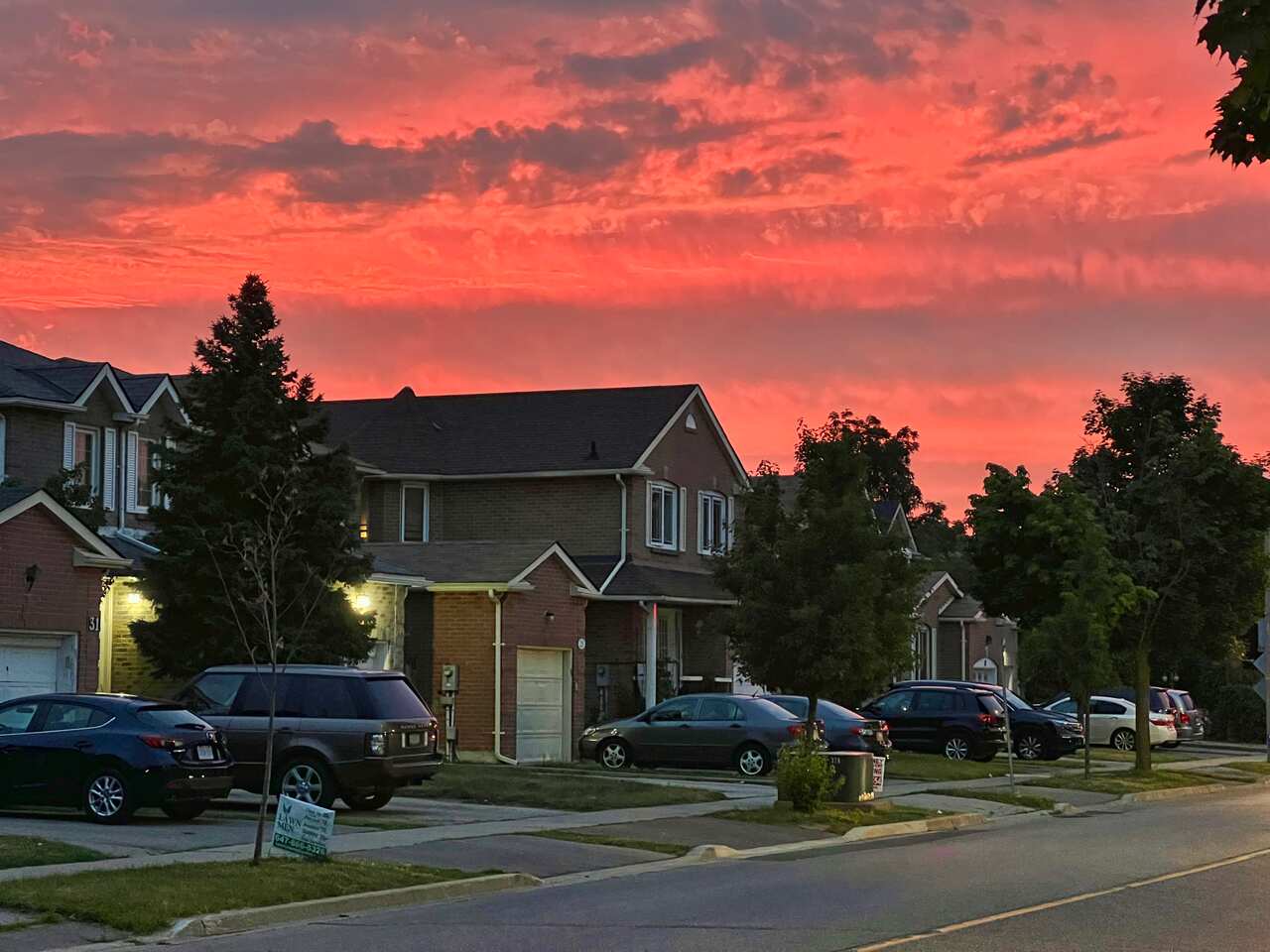Homes in a Toronto street with cars parked in the driveways and a pink sunset in the background.