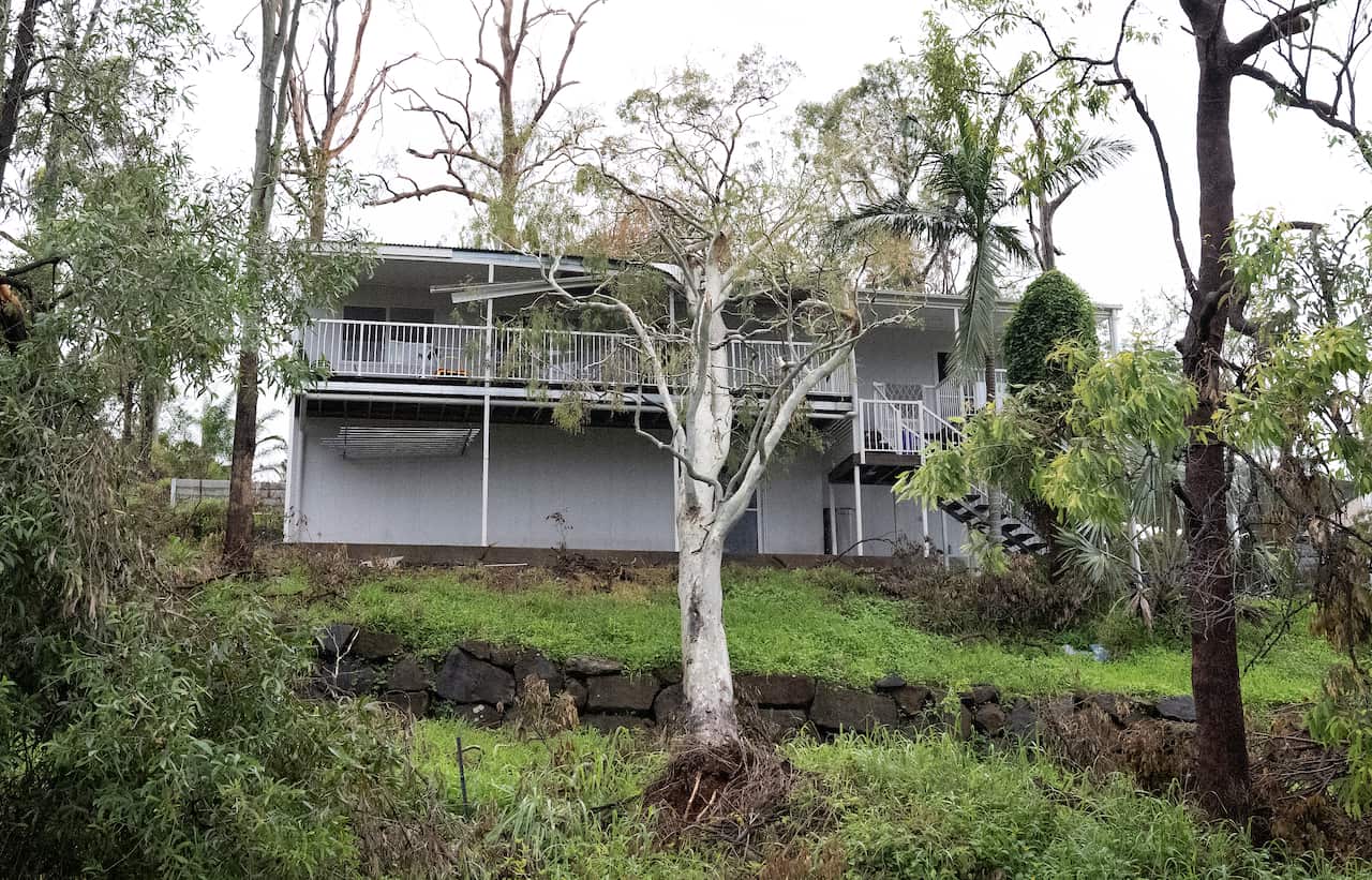 A damaged house with a tree caving through its roof.
