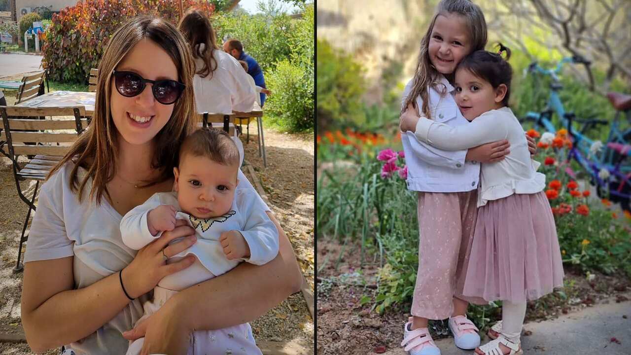 A composite image of a woman holding a small child on the left and two young girls embracing on the right. 
