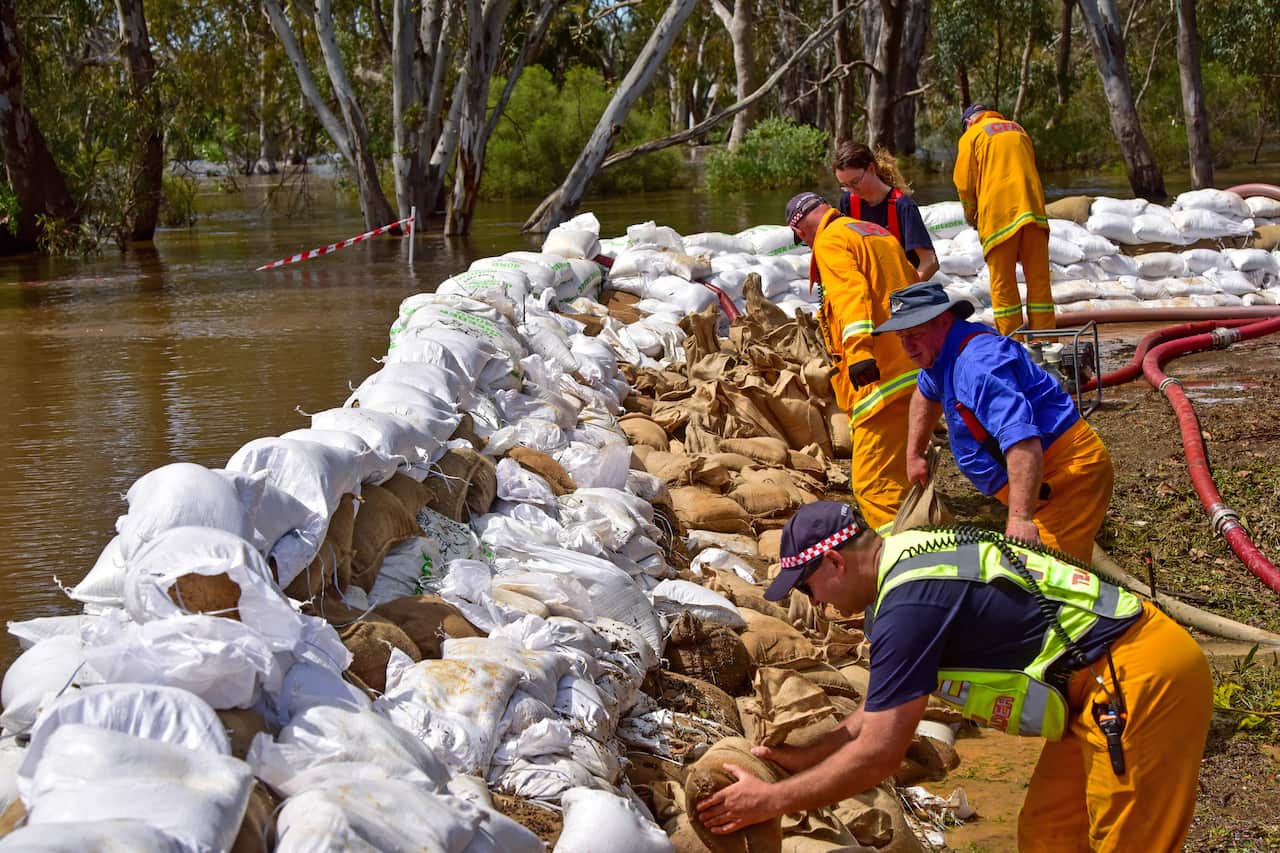 CFA crews work to sandbag Campaspe Esplanade in the town of Echuca, Victoria. 