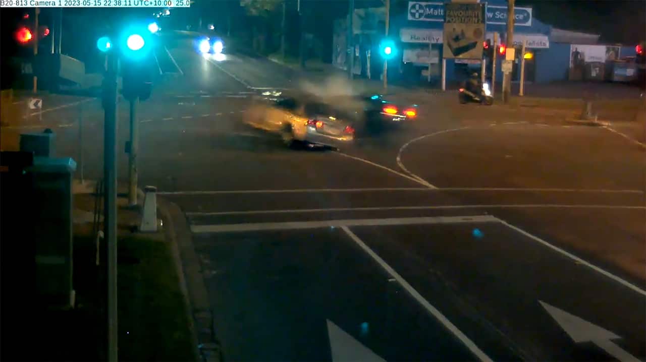 A screengrab taken from supplied CCTV footage obtained on Monday, July 8, 2024, of Oudom Doeun's BMW speeding down North Road in Caulfield South on May 15, 2023, as it hits a Honda and kills the car's two occupants.