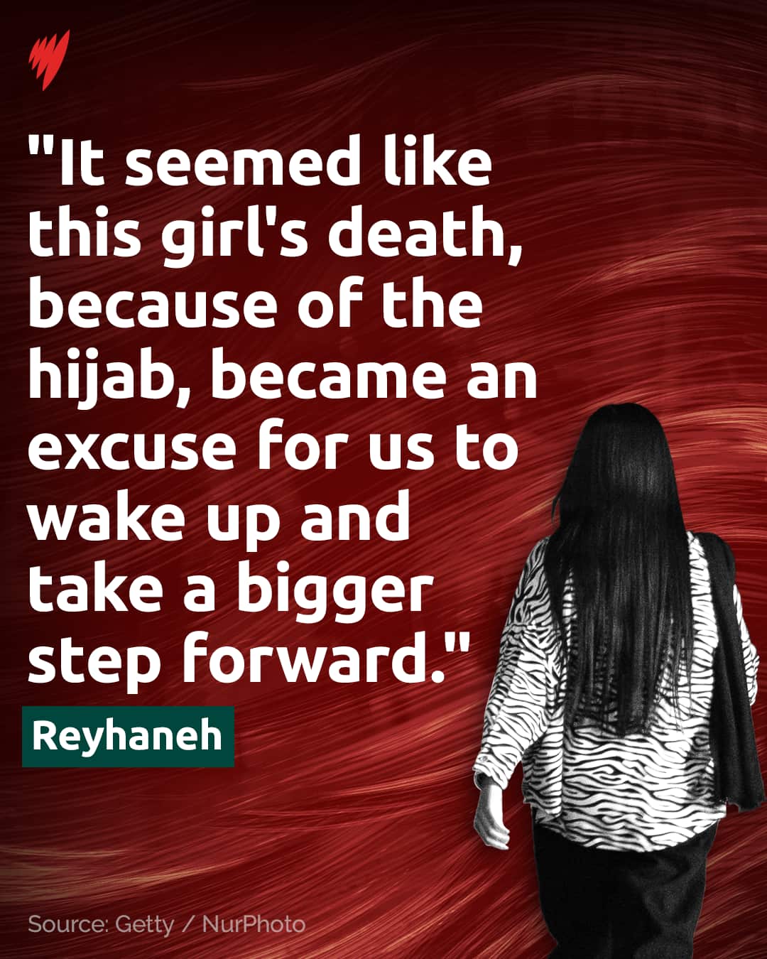 Graphic art of a rear view of a woman with long dark hair and the words: It seemed like this girl's death, because of the hijab, became for us and excuse to wake up and take a bigger step forward.