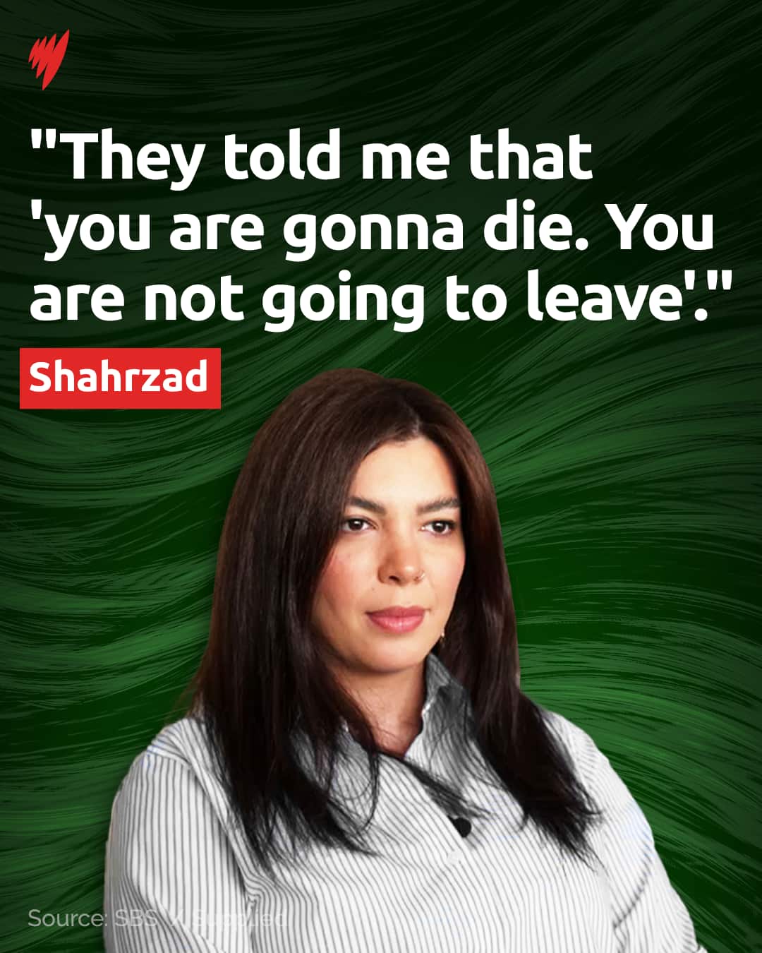 Graphic art of a picture of a woman with words written above her that read: They told me that you are gonna die. You are not going to leave.