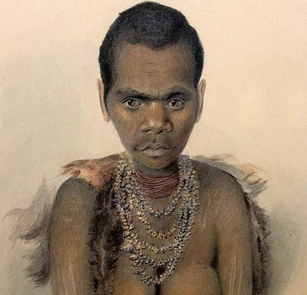 A colour drawing of young truganini, wearing mariner shells and other traditional items
