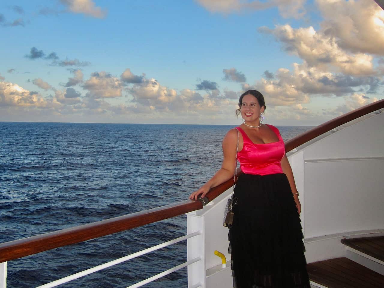 Young woman dressed up on a cruise ship