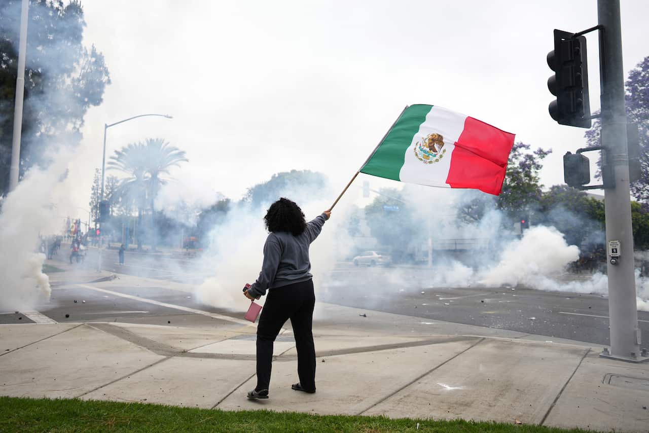 A woman waves a flag, surrounded by tear gas. 