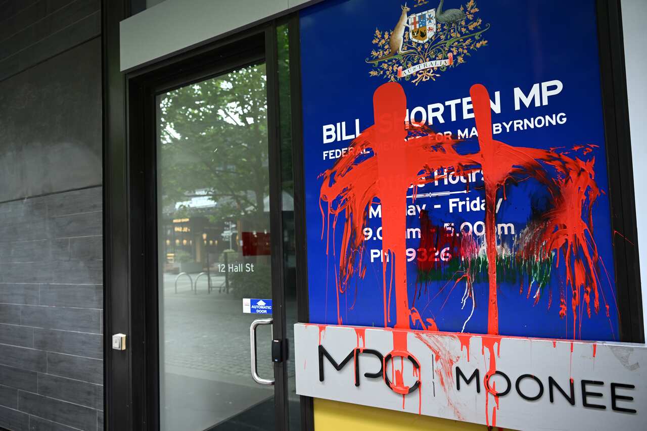 Red paint on a sign outside Bill Shorten's electorate office