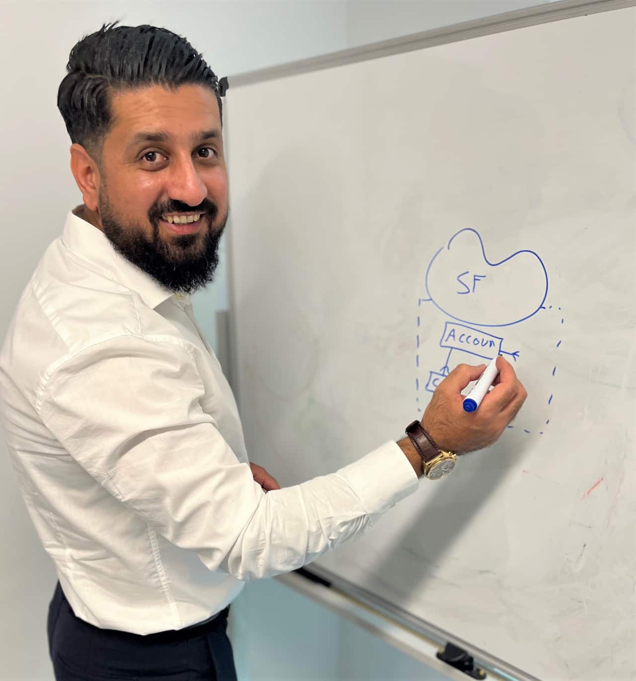 A man in a white shirt stands at a whiteboard drawing a diagram as he smiles while looking sideways.