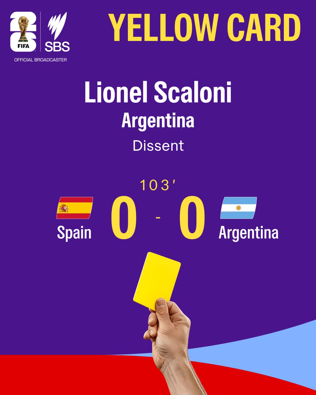 A colourful graphic showing a yellow card for coach Lionel Scaloni at the World Cup 2026 final.