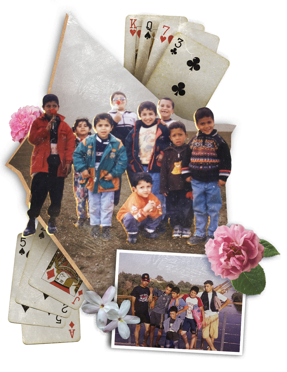 A collage of two photographs of a group of young children and playing cards 