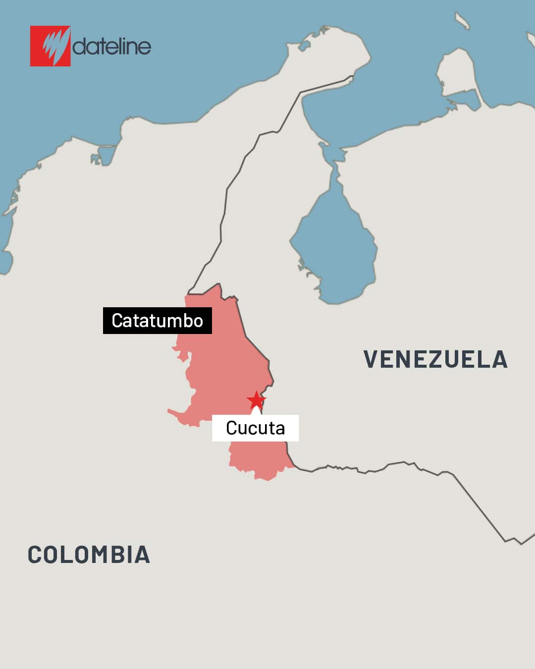 A map showing the Catatumbo region on the border between Colombia and Venezuela. A small star marks the city of Cucuta.