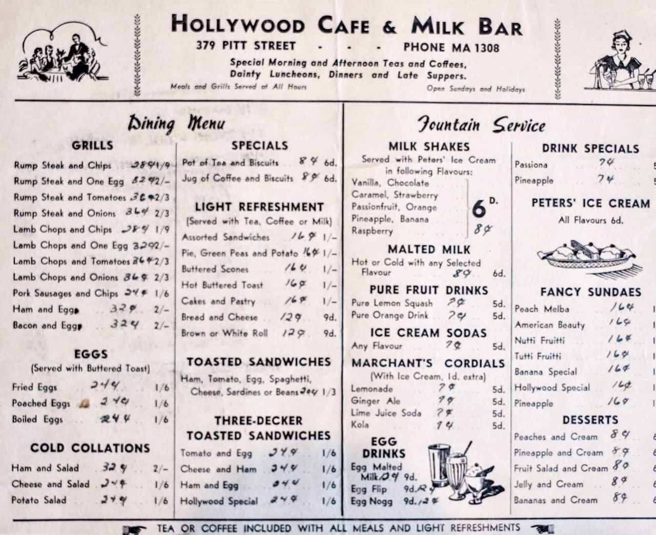 A vintage cafe and milk bar menu showing prices for meals and drinks.