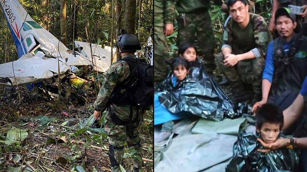 A split image. On the left is a photo of a plane that has crashed. On the right are search and rescue workers with three children.