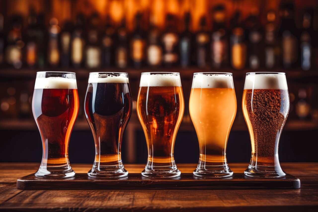 Glasses of beer on the counter. Different types of beer on a bar top in a pub. Beer tasting in a pub. Delicious beer light brew, dark brew.
