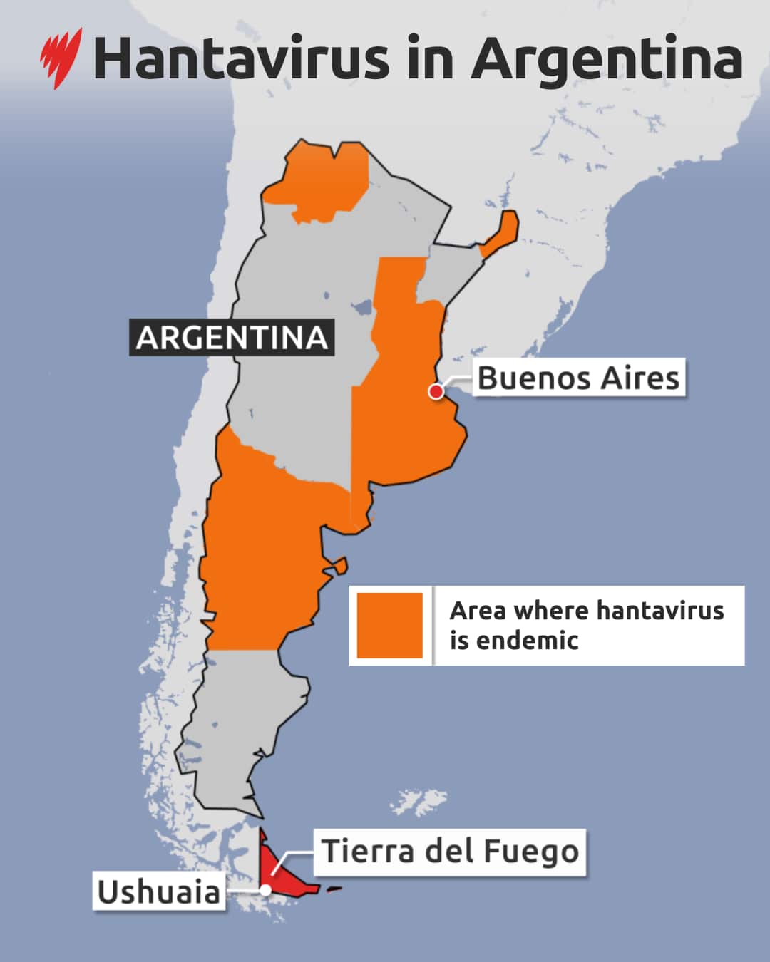 A map showing parts of Argentina where hantavirus is endemic.