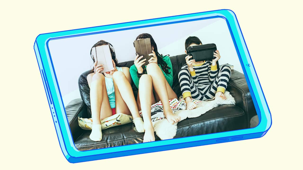 A photo of three children sitting on a couch with their screens in front of their faces set inside an illustrated mobile phone screen.