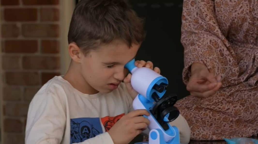 A young boy looks into the lens of a plastic white microscope.