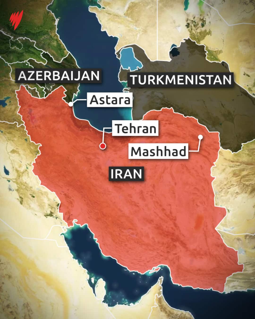 A colourful map of Iran bordering Azerbaijan and Turkmenistan. 