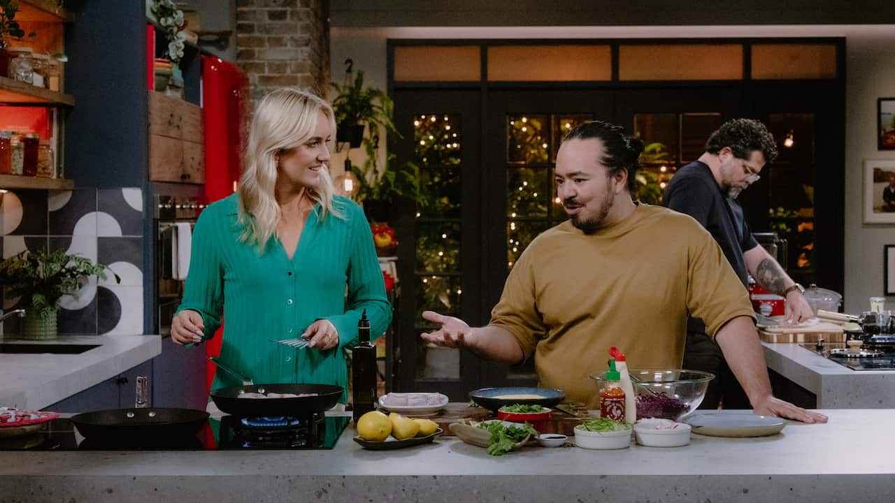 Ariarne Titmus on the set of The Cookup with Adam Liaw