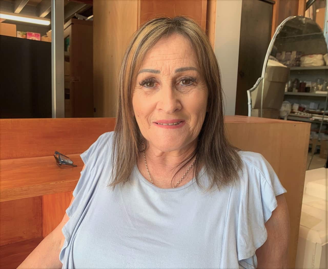 Mary Page sitting facing the camera