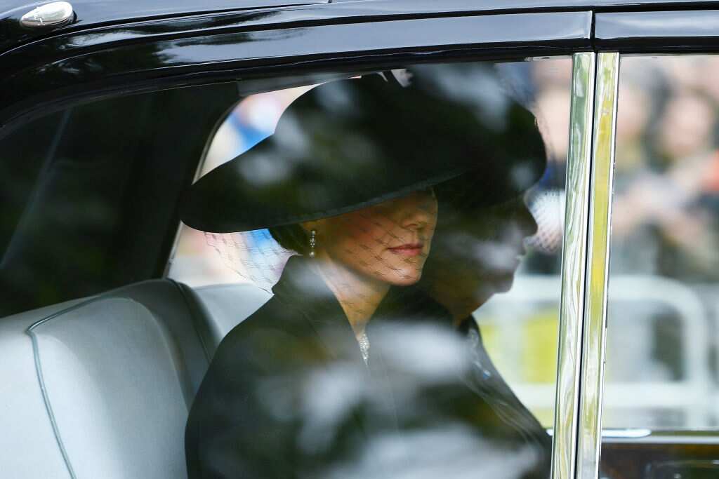 Catherine, Princess of Wales is seen on The Mall ahead of The State Funeral for Queen Elizabeth II.