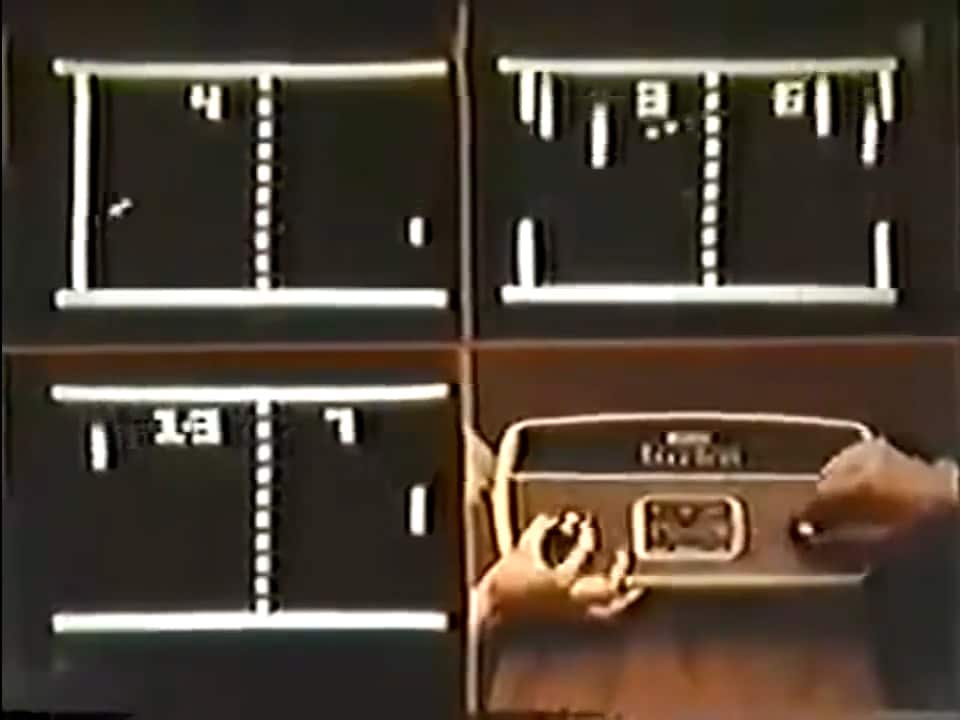 Four separate images, three featuring screenshots of the video game Pong and the fourth showing two hands moving the levers to play the game.