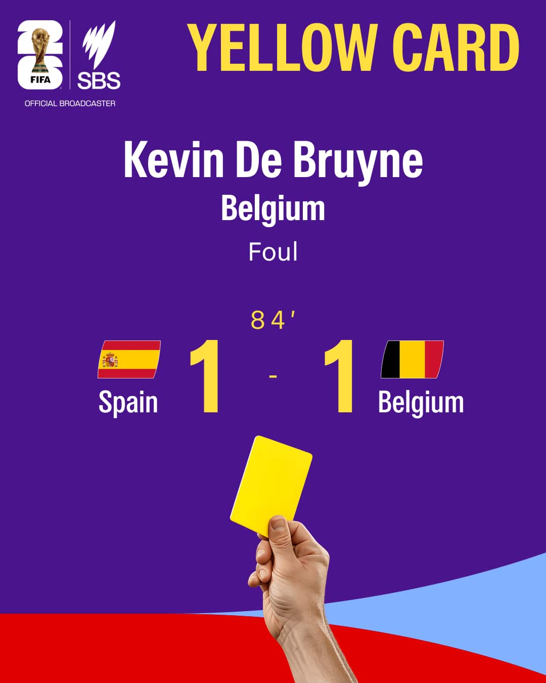 Colourful graphic showing a yellow card for Kevin de Bruyne in the Belgium v Spain quarter final at the World Cup