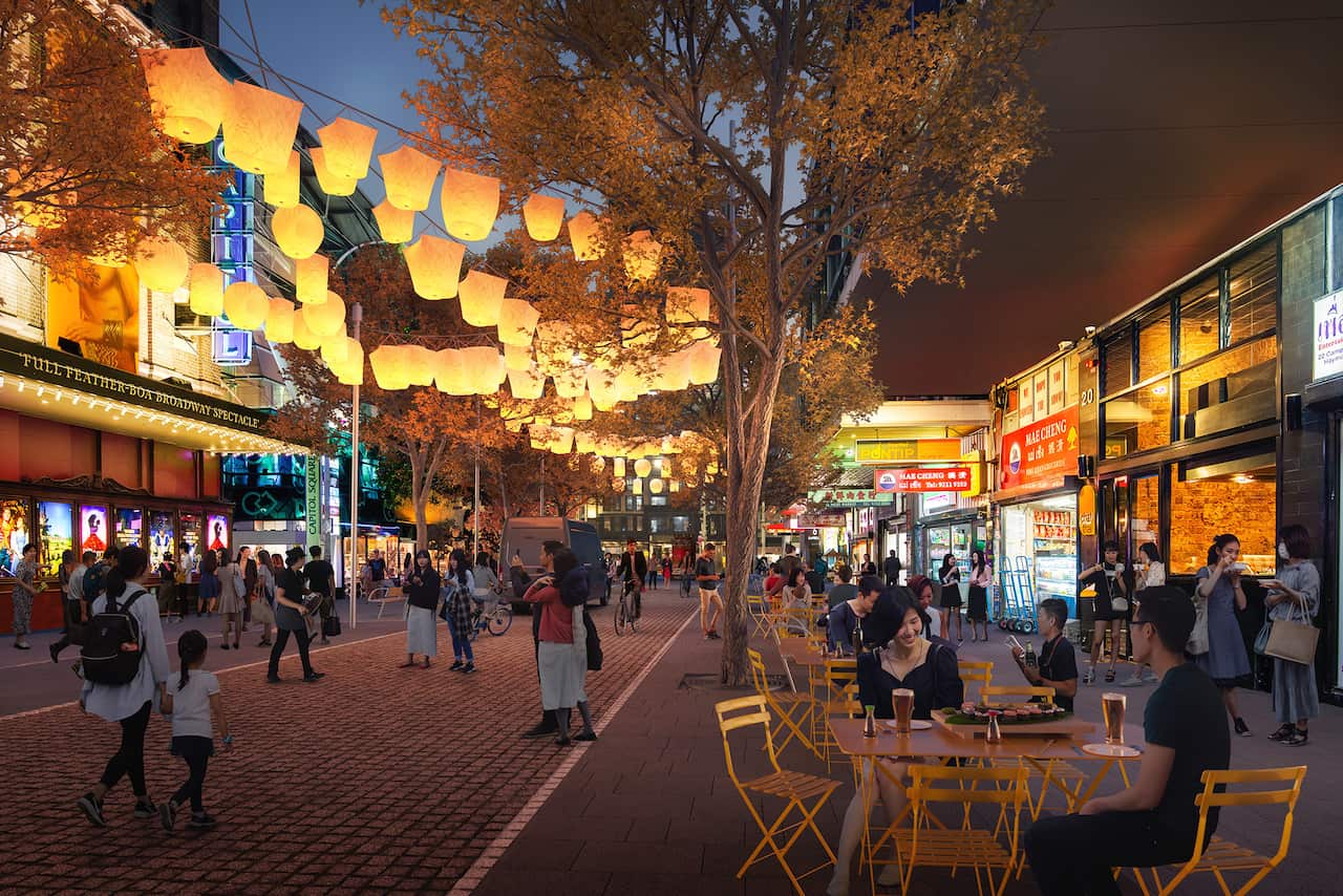 Artist's impression of a revamped Chinatown with more outdoor seating and lanterns.