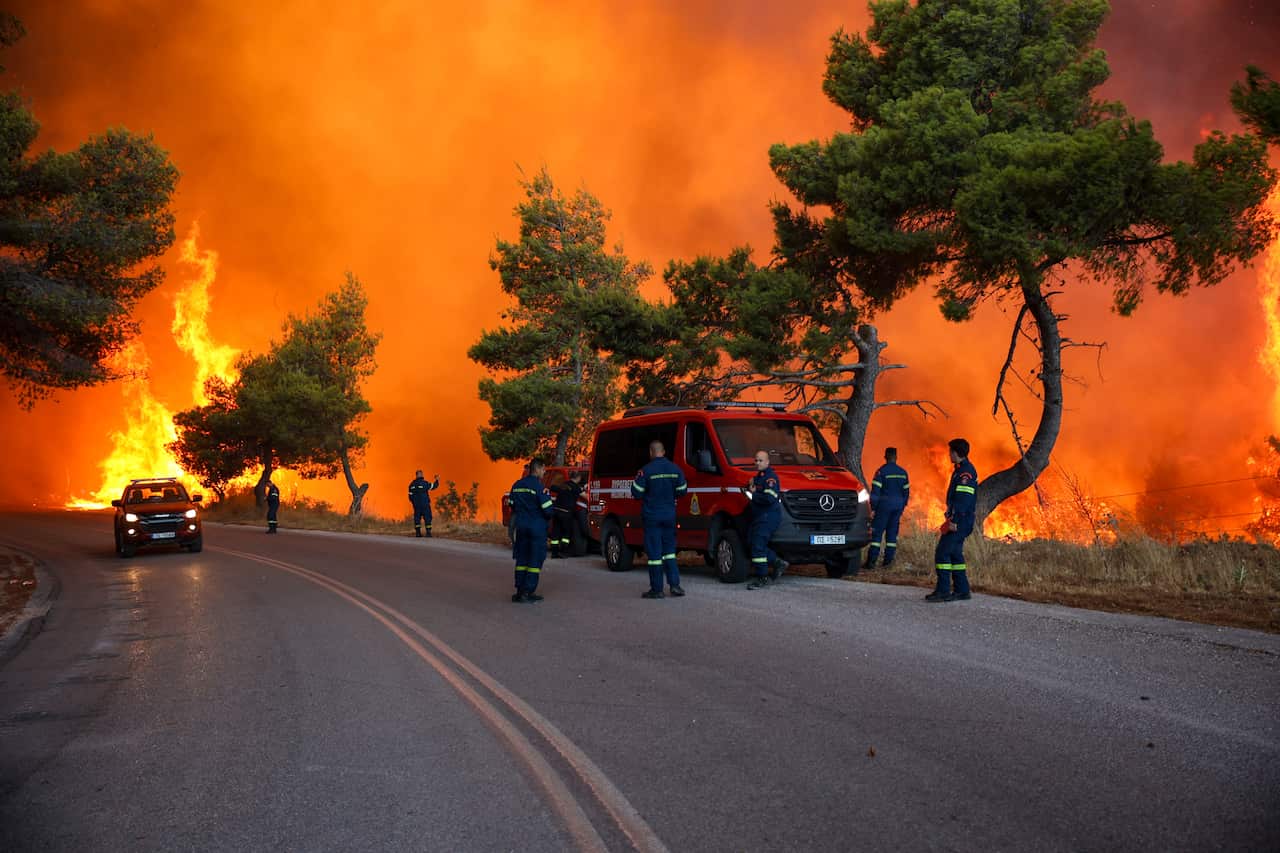 A large wildfire next to a road, emergency vehicles and personnel are standing on the road.