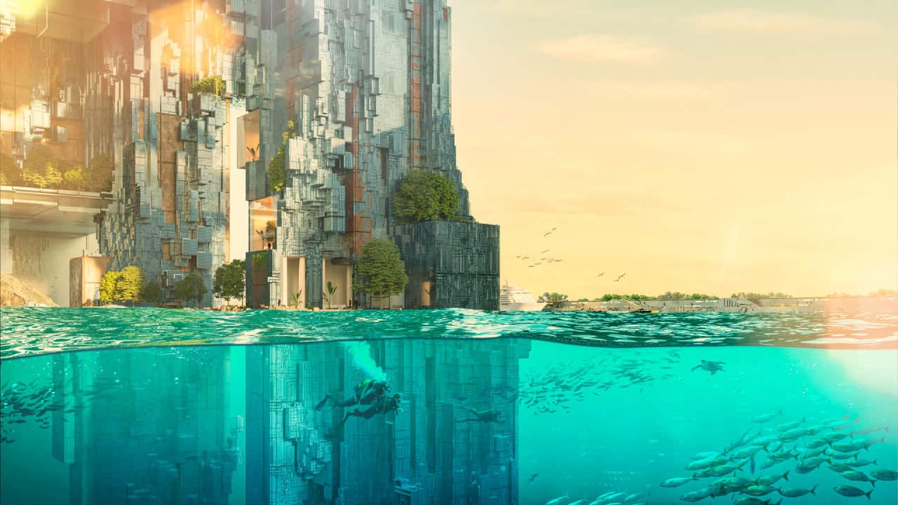 Divers in waters surrounding a futuristic city.