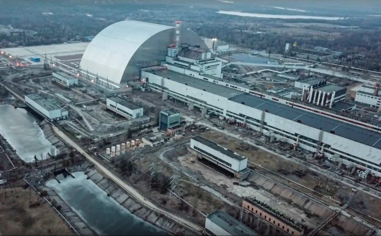 A still image taken from a handout video made available by the Russian Defence Ministry press service shows a general view of the Chernobyl Nuclear Power Plant in Pripyat, Ukraine.
