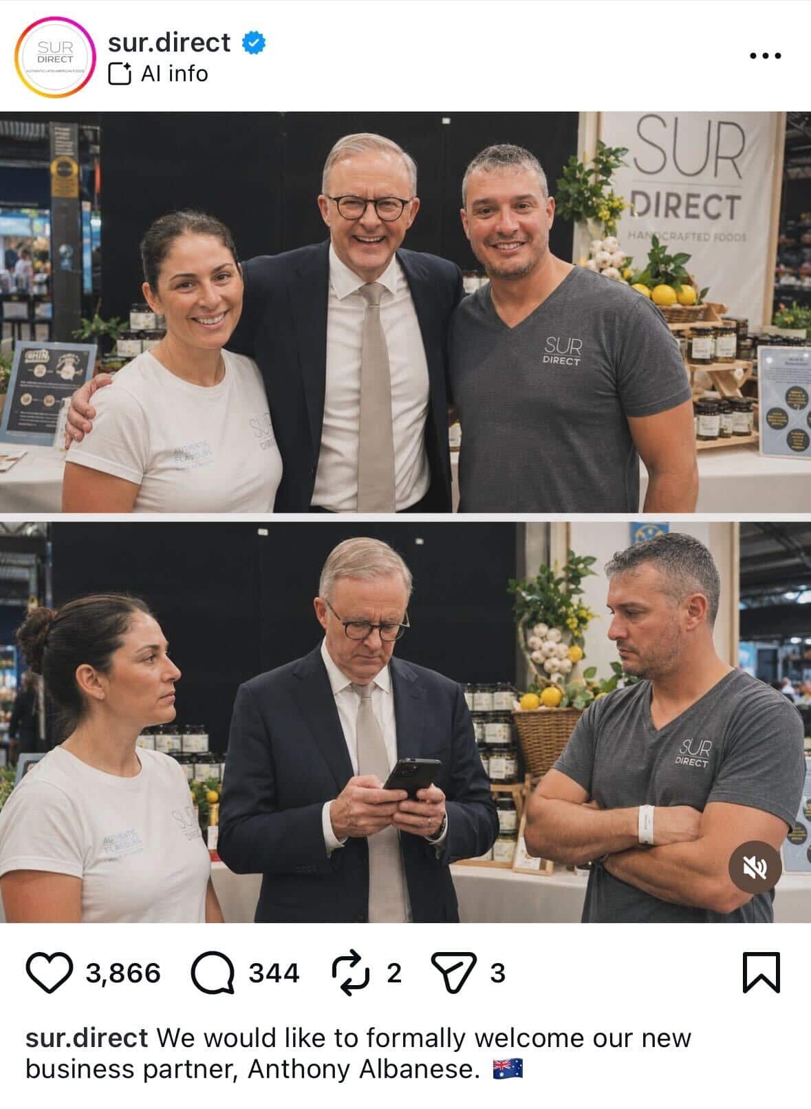 Two artificially generated images on Instagram of a man and a woman standing with Anthony Albanese in a shop.