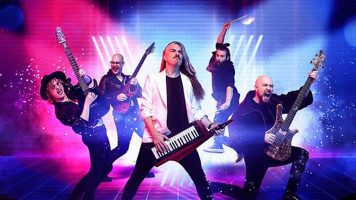 Four male and one female Caucasian musicians, dressed mainly in black posing with electric guitars, keytar and drumsticks against a multi color bright background.