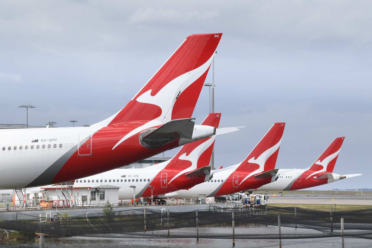 Planes with a white kangaroo on a red flag at an airport.
