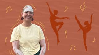 A stylised image of a young First Nations woman with her forehead painted in white ochre. There are two silhouetted dancers and musical notes in the background.