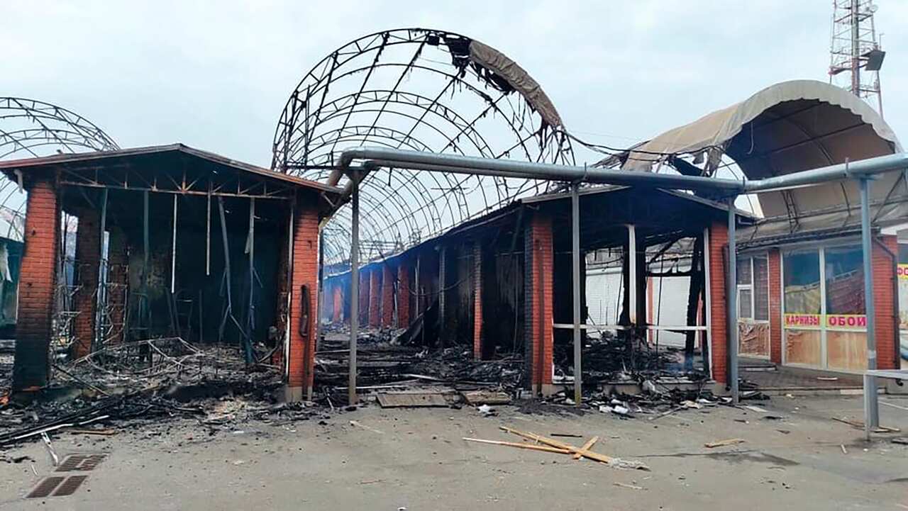 The city market in Chenihiv, Ukraine, damaged after shelling.