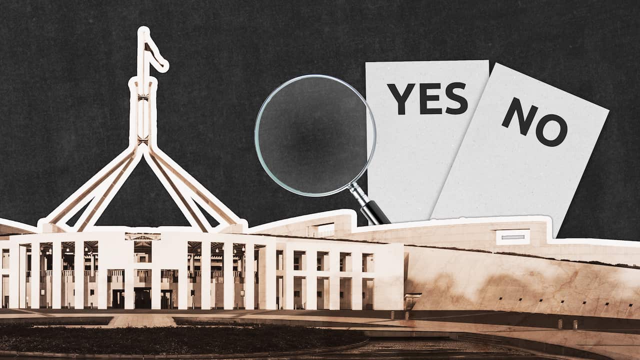 Parliament house next to a magnifying glass and pieces of paper that say "Yes" and "No".