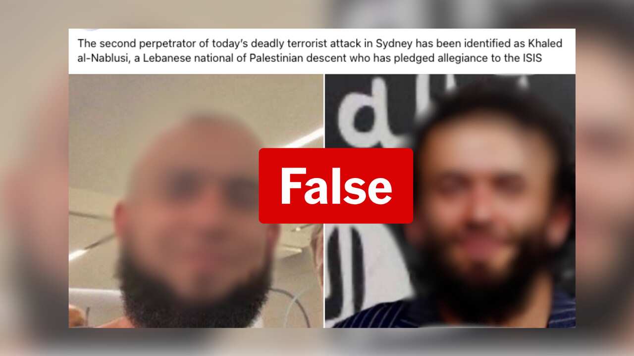 A Facebook post with blurred images of two men, and a red box that says "False".