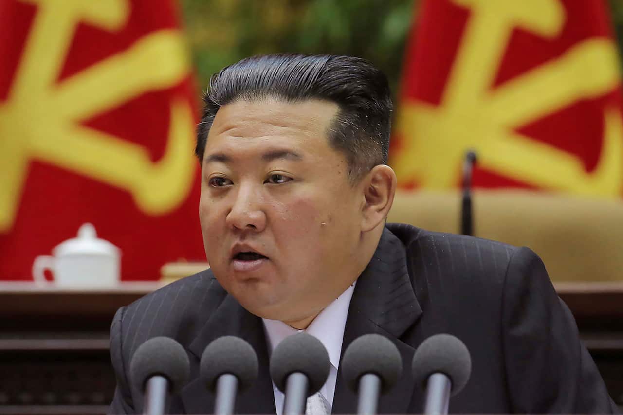 North Korean leader Kim Jong-un is seen speaking.