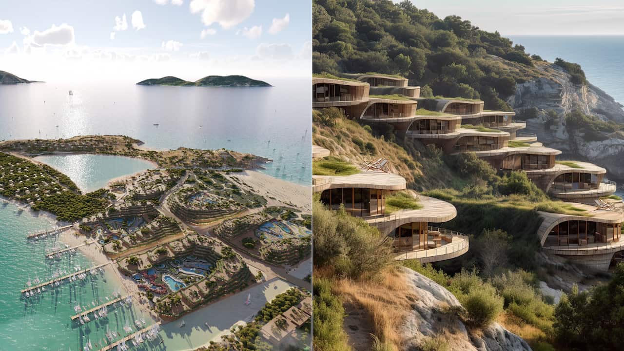 A collage of two images of a coastal resort development. On the left, an aerial view shows terraced buildings, landscaped gardens, lagoons and marinas arranged around a sheltered bay with small islands offshore. On the right, curved multi-level villas with grass-covered roofs are built into a steep cliff overlooking the sea, surrounded by dense vegetation and rocky coastline.