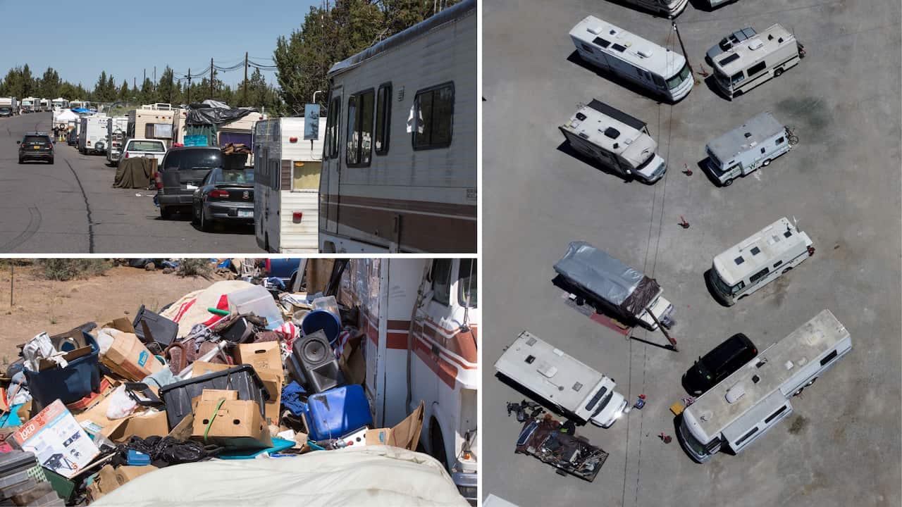 Pictures of caravans and rubbish in parking lots.