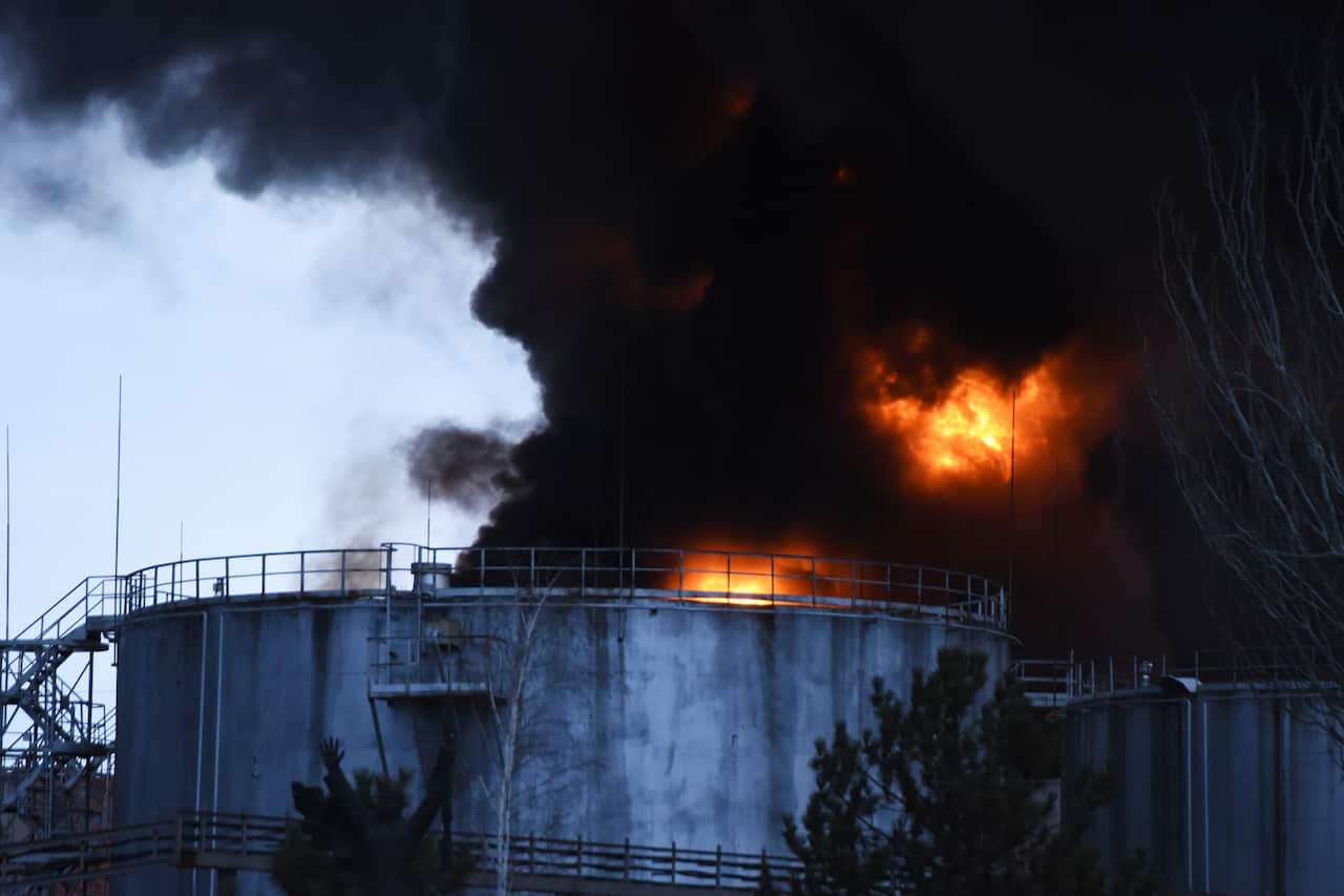 Smoke and fire are seen after the shelling of "critical infrastructure" in Odesa, Ukraine.