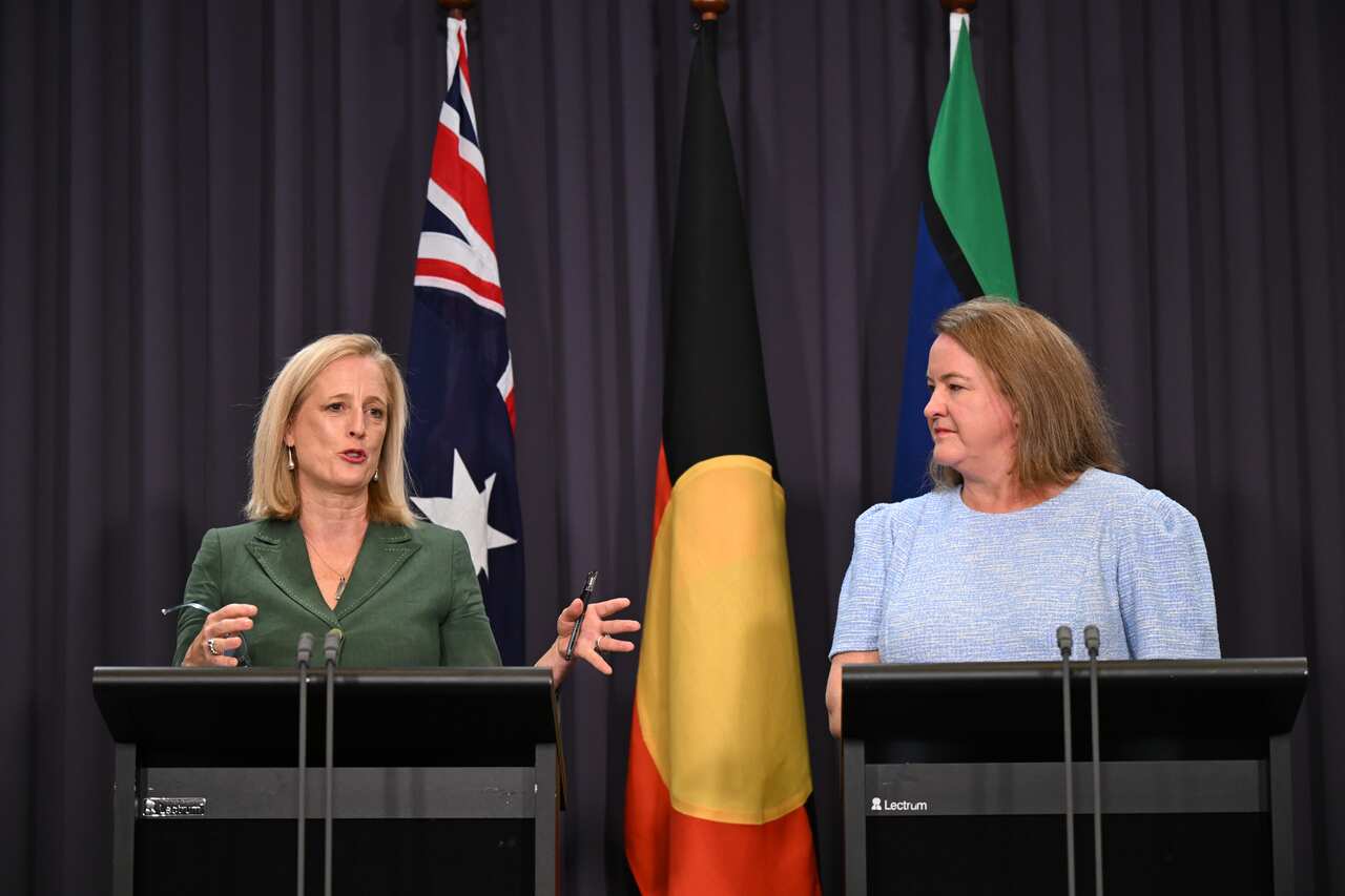 Two women stand at lecterns. Behind them are the Australian, Aboriginal and Torres Strait Islander flags. 