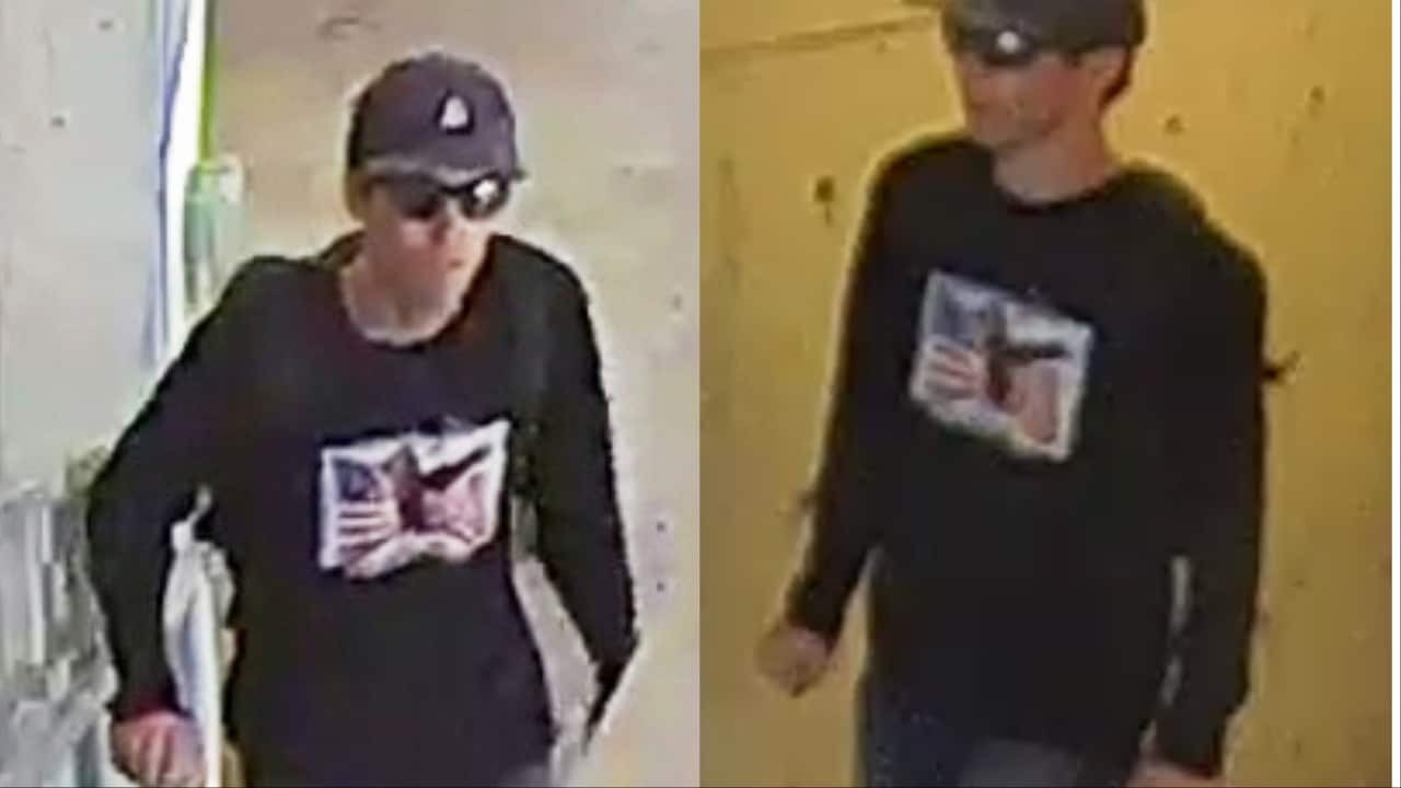 A composite image of two grainy photos of a man wearing a black long-sleeve T-shirt, sunglasses and hat.