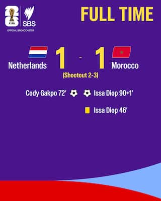 Brightly coloured graphic showing the match result of Netherlands v Morocco at the 2026 FIFA World Cup.