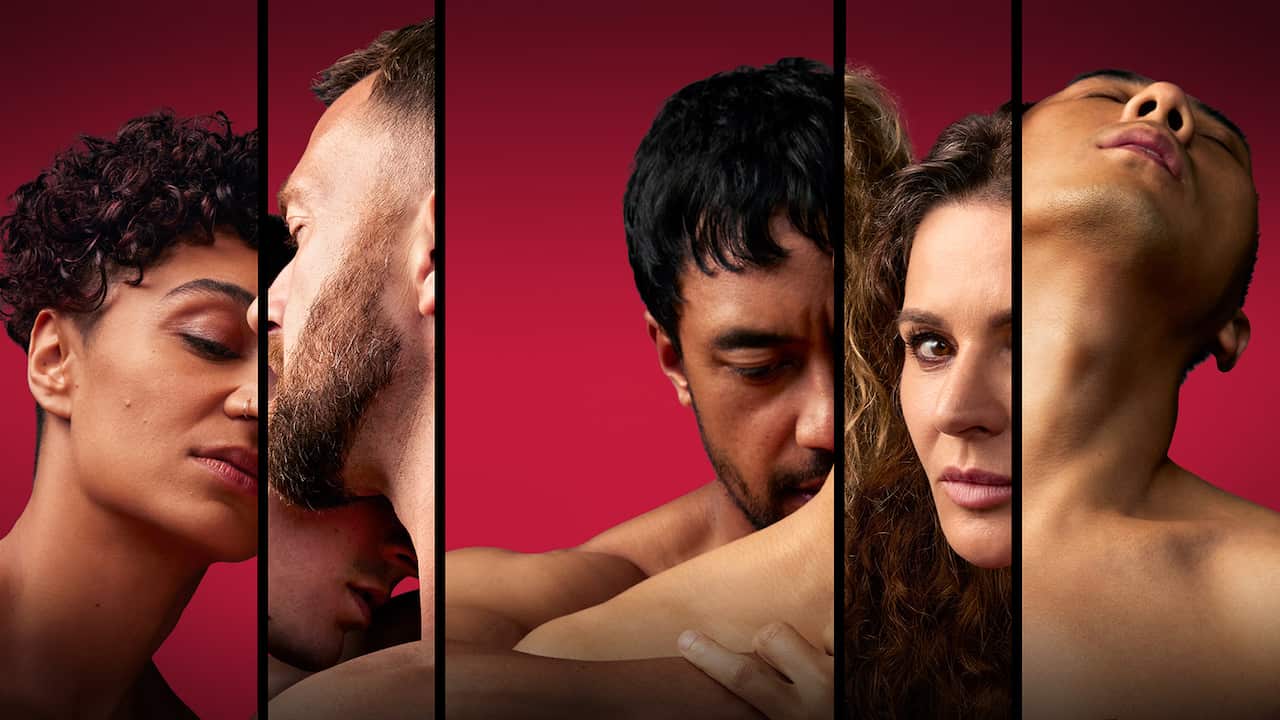A montage shows five vertical images, all with red backgrounds, of people who might be in erotic situations.