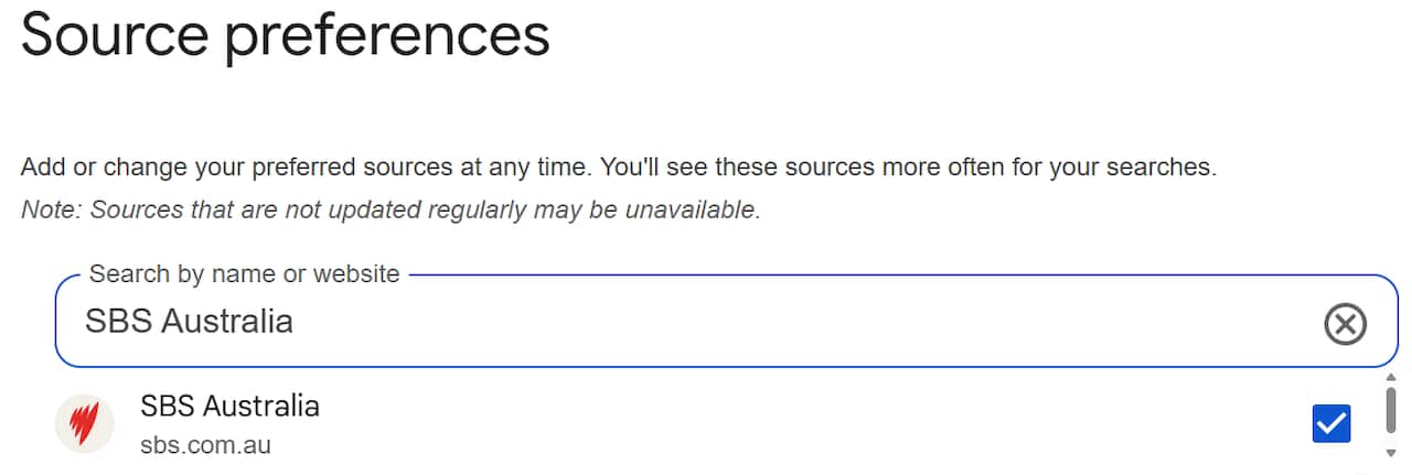 Una captura de pantalla de la selección de fuente preferida de Google