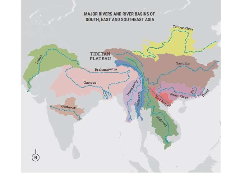 A map shows 10 of Asia's major rivers are located in the Tibetan Plateau, including the Yangtze River.