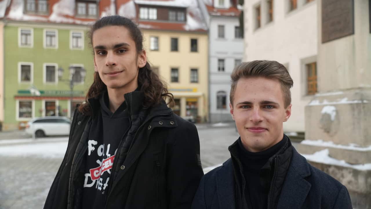 Two young men in black coats