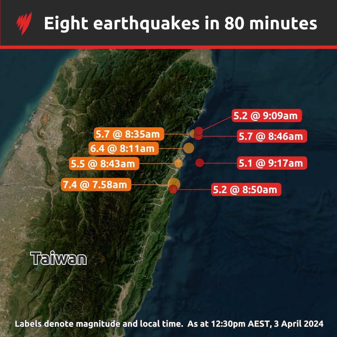 A satellite image shows the location and times of earthquakes off the coast of Taiwan.